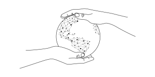 Hands holding a globe with a connected network pattern, illustration.