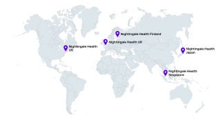 World map showing Nightingale Health office locations in Finland, the UK, the US, Japan, and Singapore, infographic.
