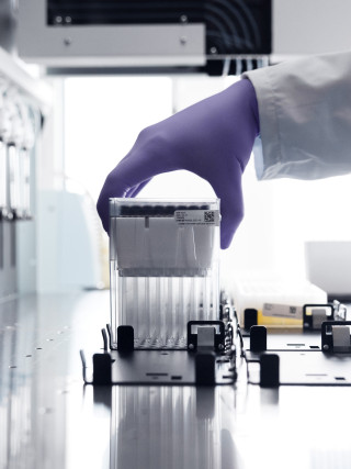 Nightingale Health laboratory specialist's hand and a sample rack.